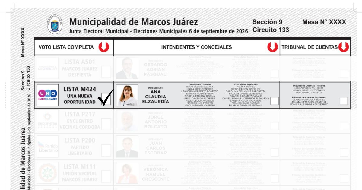 Boleta electoral UNO Marcos Juárez — voto a Ana Elzaurdia