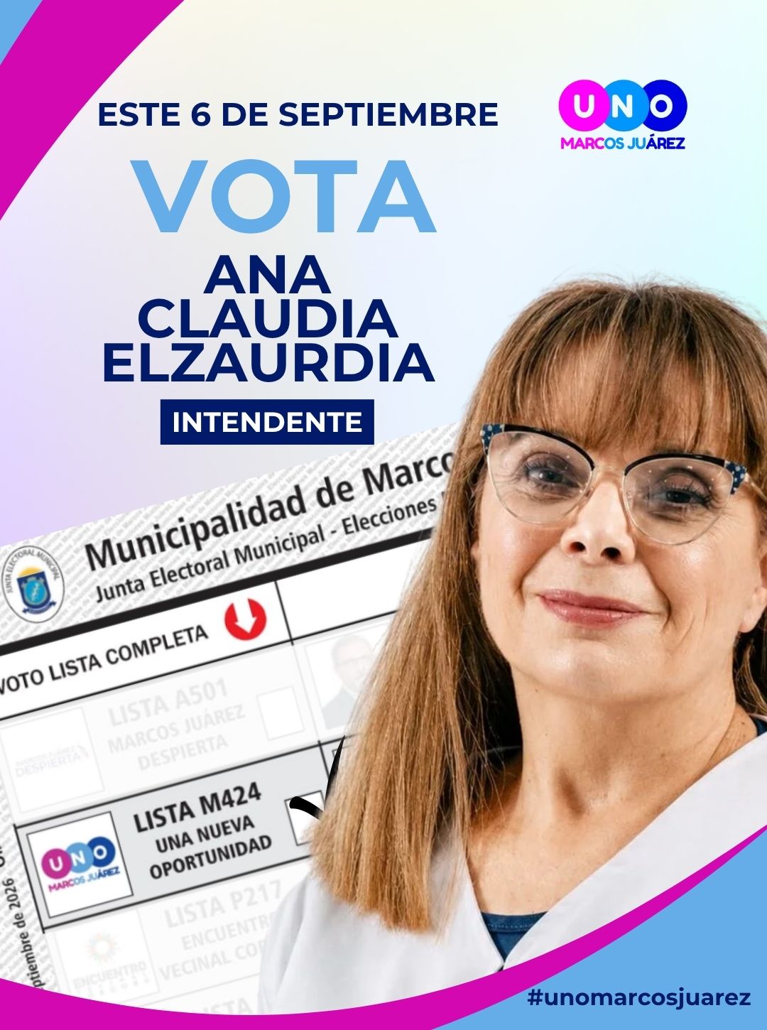 Flyer de campaña - Ana Elzaurdia - UNO Marcos Juárez